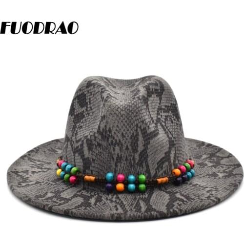 FUODRAO 2020 New Fashion Snake Print Fedora For Women High Quality Wool Wide Brim Hat Autumn Party Formal Top Hat Cowboy Cap F40