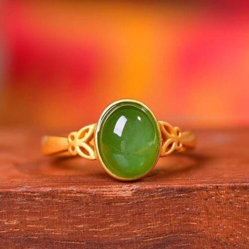 Natural Hetian jade oval opening adjustable ring Chinese style retro palace unique gold craft charm women silver jewelry