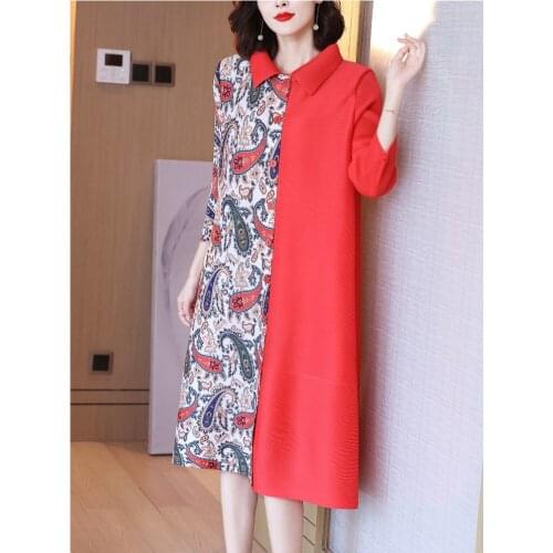 HOT SELLING Miyake fashion solid turn-down collar three quarter single breasted patchwork print windbreaker IN STOCK