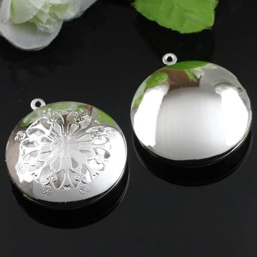 32mm Rhodium tone Plated Metal Round Filigree Essential Oil Aromatherapy Diffuser Perfume photo Locket Pendant Charms