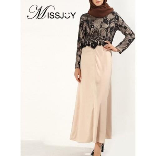 MISSJOY 2019 Muslim Women Dresses Patchwork Lace Abaya Arab Elegant Kimono Long Sleeves Party Islamic Clothing O-Neck Female