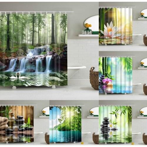Stone Bamboo Mountains Rivers Landscape Floral Decor Fabric Set Polyester Waterproof Fabric Bathtub Shower Curtain with Hooks