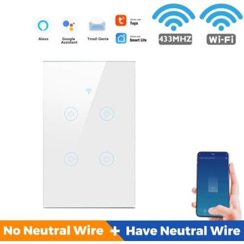 1 2 3 4 Gang Wifi Wall Touch Switch 433MHZ No Neutral Wire Required Smart Switch Support Alexa Google Home Tuya Smart Life APP