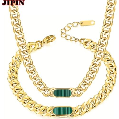 New Trendy Green Stone Necklace Bracelet Suit Specifically High Quality Gold Stainless Steel Winter Christmas Gift For Girls