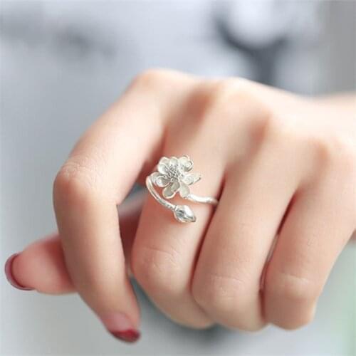 Original Lotus Handmade 925 Sterling Silver Temperament Personality Fashion Female Trendy Resizable Opening Rings SRI004