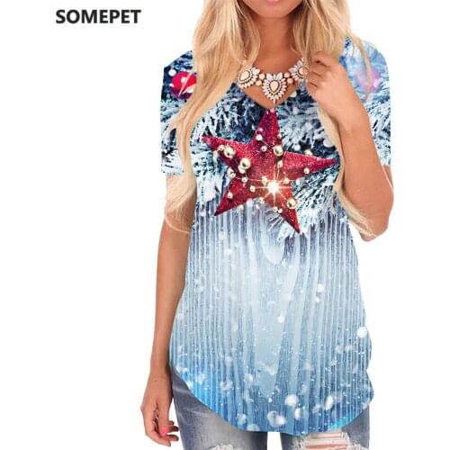 SOMEPET Christmas T-shirt women Creativity V-neck Tshirt Party Shirt Print Psychedelic Funny T shirts Womens Clothing Fashion