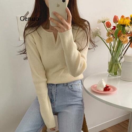 Chic V-neck Basic Women Knitted Tops Sweater Autumn Winter Long Sleeve Stretched Slim Female Pullover Sweaters