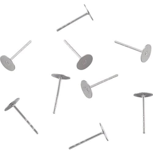 100pcs Earring Findings Flat Round Blank Peg Ear Studs For DIY Jewelry Making about 6mm in diameter, 12mm long, 0.8mm thick