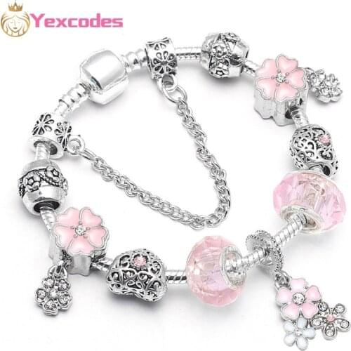 Spring Style Flower Beads Charm Bracelets For Women With silver-plate Chain Bracelets Fashion Jewelry DIY Handmade Pulseira Gift