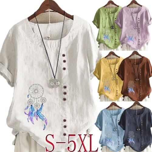 Ladies Summer Round Neck Short Sleeve Cotton Linen Shirt Casual T-shirt Graphic Fashion Loose Solid Color Shirt Top Plus Size