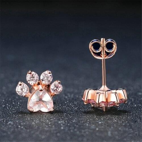 New Hot Rose Gold Dog Paw Shape Earrings for Women Fashion Shiny Pink CZ Stone Small Bear Claw Animal Stud Earrings