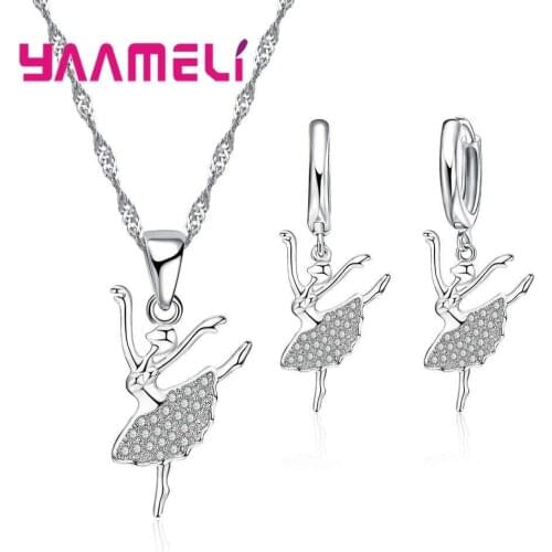 Brand Design Lucky Ballerina Girl Shape Cute 925 Sterling Silver Necklace Earrings Set For Woman Fashion CZ Crystal