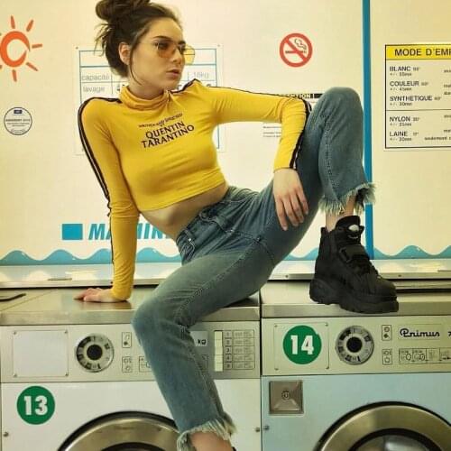 2021 Fashion Quentin Tarantino Sexy Crop Tops Women Side Stripe Long Sleeve Turtleneck Cotton Knitted Short tshirt Lady