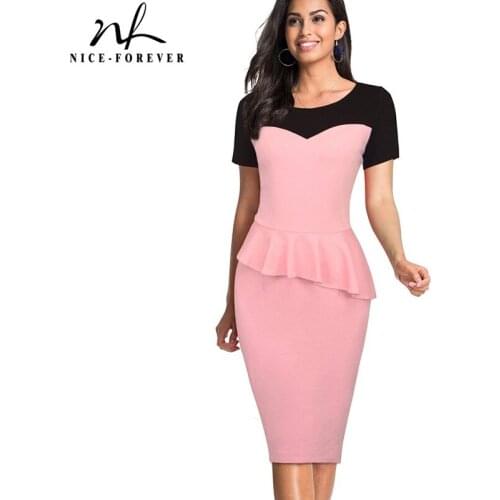 Nice-Forever Summer Women Vintage Black and Pink Color Patchwork Office Dresses Business Slim Peplum Sheath Dress B397
