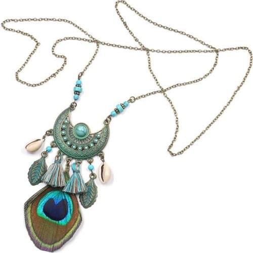 LosoDo European and American fashion wild temperament peacock feather pendant long style necklace shell tassel accessories