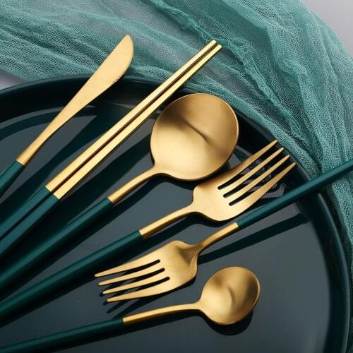 11PCS Luxury Vintage Green Tableware Set Stainless Steel Knife Fork Spoon Chopsticks Set Coffee Tea Spoon Kitchen Cutlery
