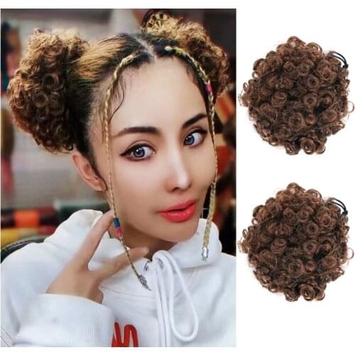 2Pcs Short Afro Puff Synthetic Hair Bun Chignon Hairpiece Drawstring Kinky Curly Ponytail Clip in Hair Extensions For Girls