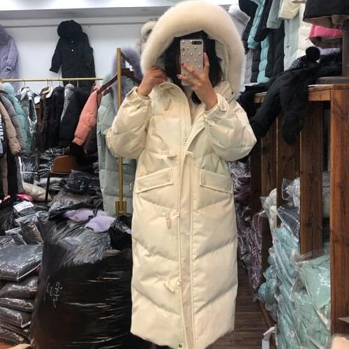 Ailegogo 2021 New Winter Down Parkas Real Fox Fur Hooded Jacket Warm Coat Streetwear Loose Thick Warm Coat Outwear
