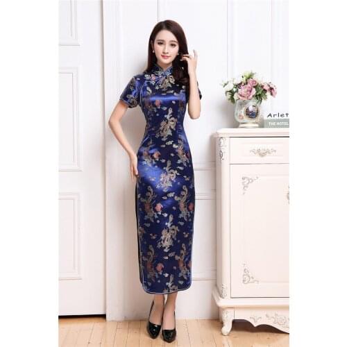 Shanghai Story Satin Chinese Traditional Clothing chinese style dresses long Cheongsam Short Sleeve Red Dragon Qipao For Women