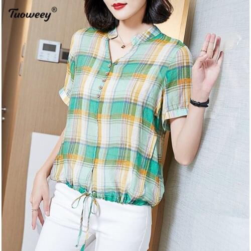 2021 New Summer Middle Aaged Women Korean Chiffon v-Neck Blouse Tops Female plaid Print Fashion Loose Plus Size 4xl Shirt