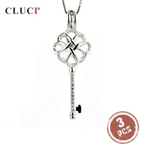 CLUCI 3pcs Silver 925 Chinese Knot Pendant Jewelry for Women 925 Sterling Silver Key Shaped Cage Pendant Pearl Locket SC031SB