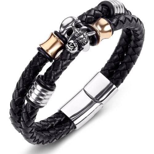 Double Braided Leather Men Bracelet Rope Chain Stainless Steel Skull Male Bangles Punk Wristband Skeleton Jewelry Wholesale P196