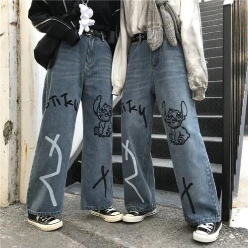 Pant Jeans Women Spring/Summer Print Cartoon High Waist Washed Loose Button Zipper High Street Hip Hop Straight Denim Trousers