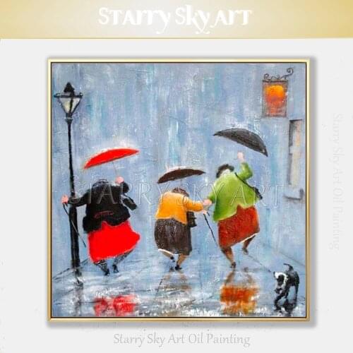 Professional Artist Hand-painted Beautiful Wall Art Sister Running in Rainy Oil Painting on Canvas Oil Painting Gift for Friends