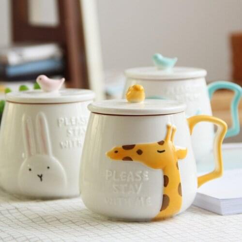 Creative cute cartoon embossed ceramic mark cup three-dimensional personality office drinking cup animal cup with lid coffee cup