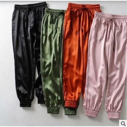 Fashion Bandage Elastic Waist Women Pants Slippery Y2k Solid Cropped Trousers Goth Sweatpants Sweatpants Baggy Pink Trousers
