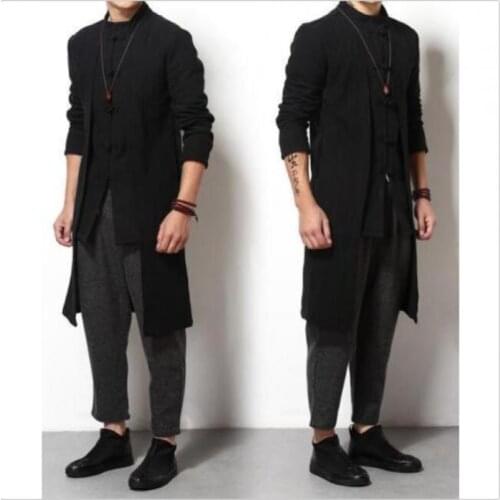 Chinese Style Spring Mens Long Trench Coat Flax Cotton Kungfu Stand Collar
