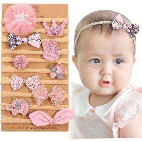 New Baby Girls Nylon Headband 10pcs/set Soft Stretchy Headbands Girls Pink Hair Bow Headband Set Kids Hair Accessories
