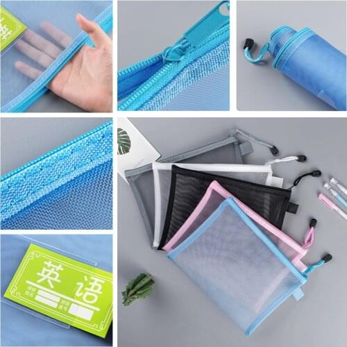 Pure Color Mesh Pencil Case Simple Transparent Mesh Document Bag Zipper Stationery Bag Nylon Bag Office School Supplies