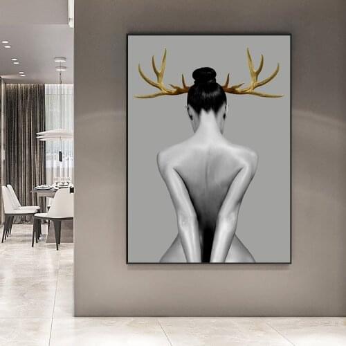 Modern Golden Antlers Nude Girl Canvas Painting Female Nude Art Poster and Prints Wall Pictures for Home Living Room Decoration