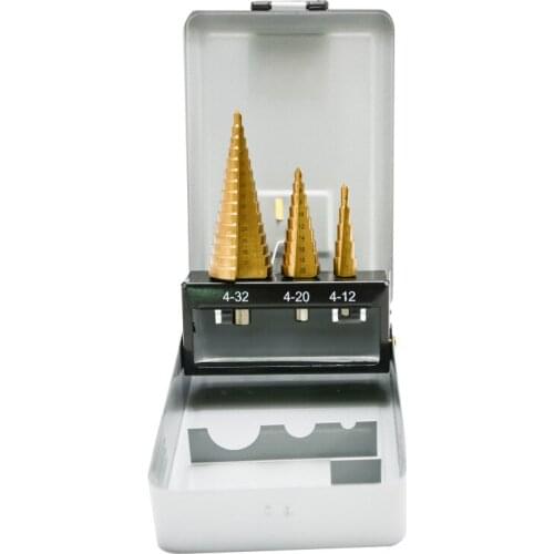 Triangle Shank HSS Steel Titanium Step Drill Bit 4-12mm 4-20mm 4-32mm Step Cone Cutt Tools Metal Drill Bit Set for Woodworking