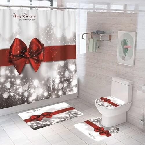 Merry Christmas Pattern Fabric Shower Curtain Happy New Year Bathroom Curtains Anti-skid Bath Rugs Carpet Toilet Lid Cover