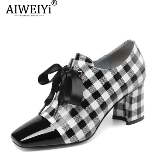AIWEIYi Patent Leather Single Shoes Women Thick High Heels Square Toe Lace-Up Fashion Womens Shoes Platform Pumps