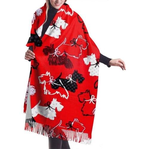 Cartoon Westie Print Bandana Autumn Winter Female Scarf Women Imitation Cashmere Long Shawl Wrap Blanket Warm Tassel Red Hijabs