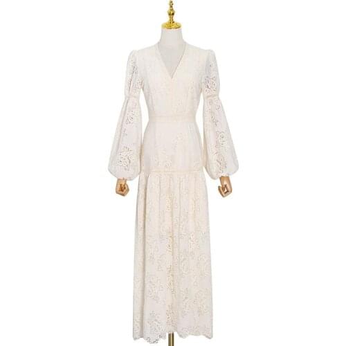 2021 Summer New French Fashion Ladys Long Sleeve V Neck Hollow Out Lace Dress for Woman