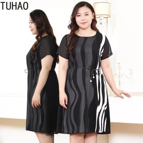 TUHAO Plus Size 10XL 9XL 8XL Womens Striped Chiffon Dress Summer ELEGANT Office Lady Woman Elegant Black Dresses WM18