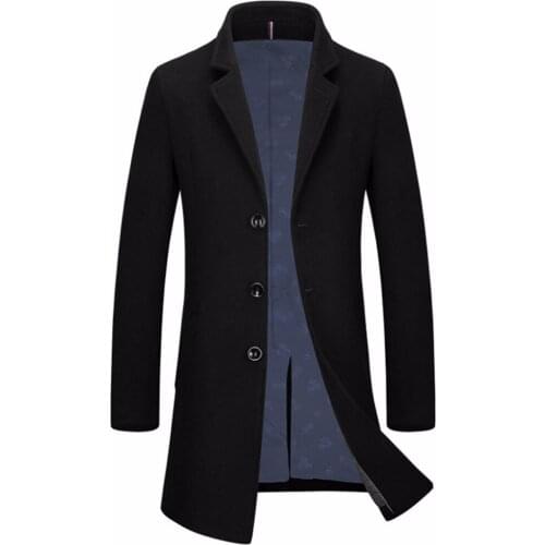 Shanghai Story Winter Pea Coat Men Fashion Design Mens Slim Fit Wool Blend Single Breasted Trench Coat Casual Coffee Overcoat
