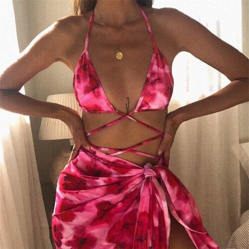 3Pcs Womens Sexy Bikini Sets Split Deep V-neck Lace up Biquini Swimwear Halter Bandage Printing Swimsuit Cover Up Bathing Suit