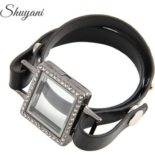 5pcs/lot 4 Colors Adjustable Leather Bracelet Punk Jewelry With Square Glass Living Memory Floating Locket Bracelet Women Men