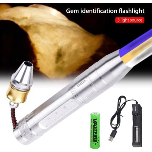 White/yellow/365nm ultraviolet flashlight 3 light source jade identification Torch rechargable UV lights lamp+18650+charger