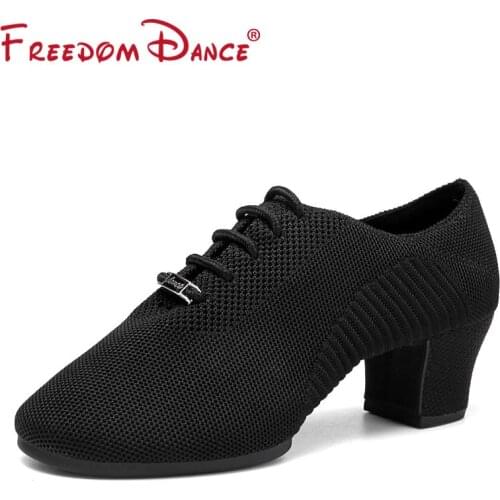 Breath Latin Dance Shoes For Women Low Middle Heel Mesh Upper Rubber Sole Square Ballroom Dance Shoes Jazz Sport Dance Shoes