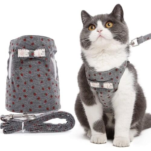 Denim Cat Vest Creative Fashion Strawberry Bowknot Cat Harness Pet Harness with Leash Adjustable Harness Vest Walking Lead Leash