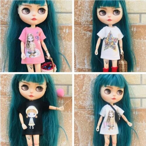 Classic Blyth Doll’s Clothes Fashion Long T-shirt White/Black Printed Tops for 1/6 Licca Dolls Accessories