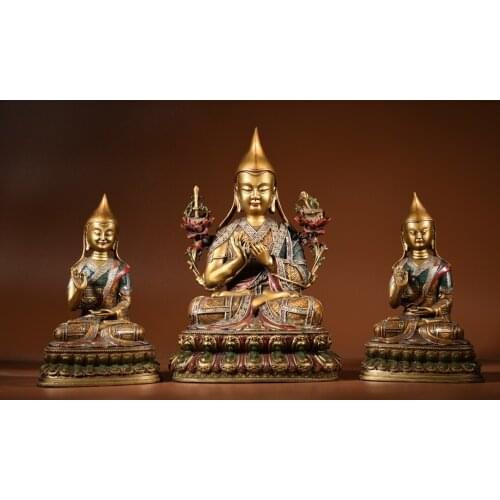 13"Chinese temple collection Old Bronze Painted Tsongkhapa Buddha Master and apprentice Three statues sit Lotus Terrace Ornament