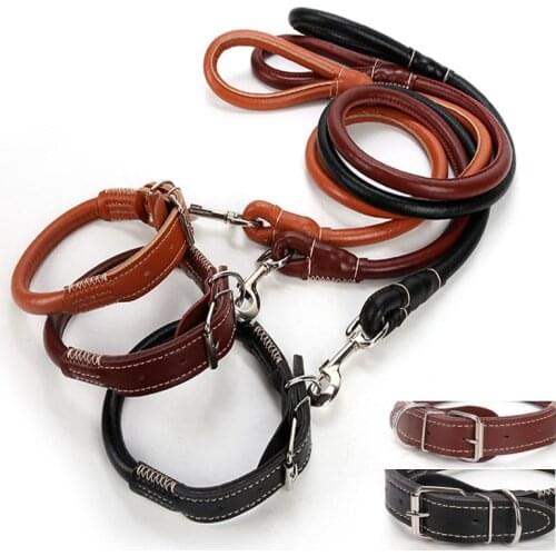 Dog Leather Leash and Collar Set Adjustable Training Lead Pet Dog Leash Wear-Resistant PU Leather Collar and Dog Leash Suit