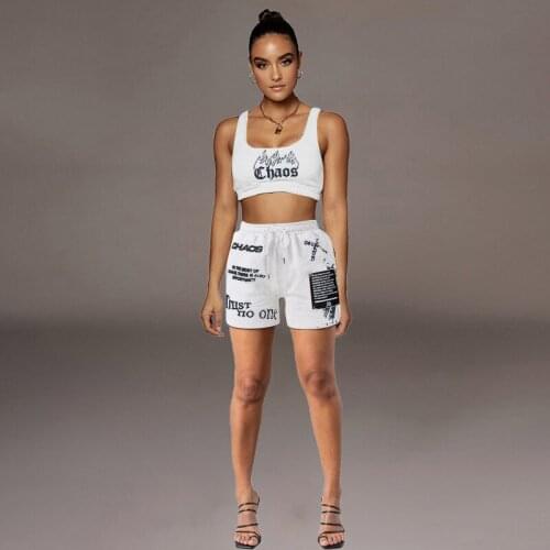 Summer Female Tracksuit Matching Sets Letter Print Two Piece Set Women Casual Sleeveless Crop Top and Track Shorts